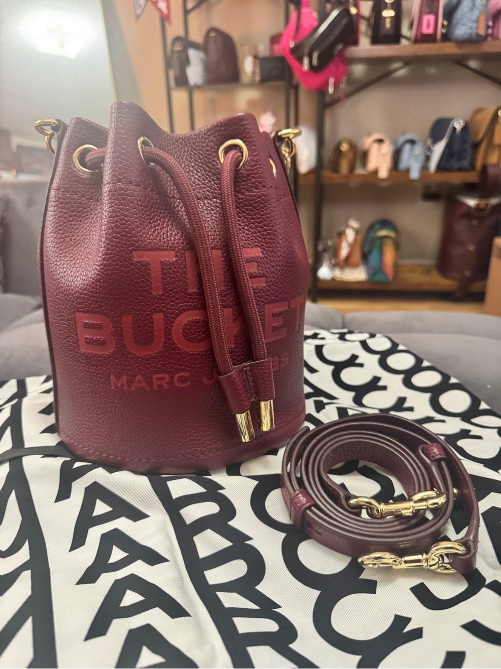 Marc Jacobs Burgundy Pebbled Leather Bucket Bag with Gold Hardware